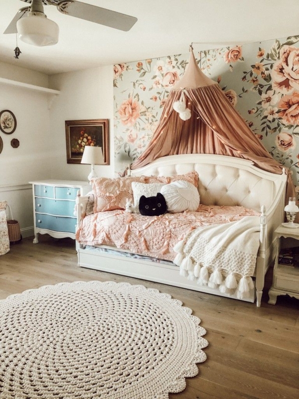 Daybed Tufted Frame Dusty Rose Canopy Shabby Chic Floral Wallpaper