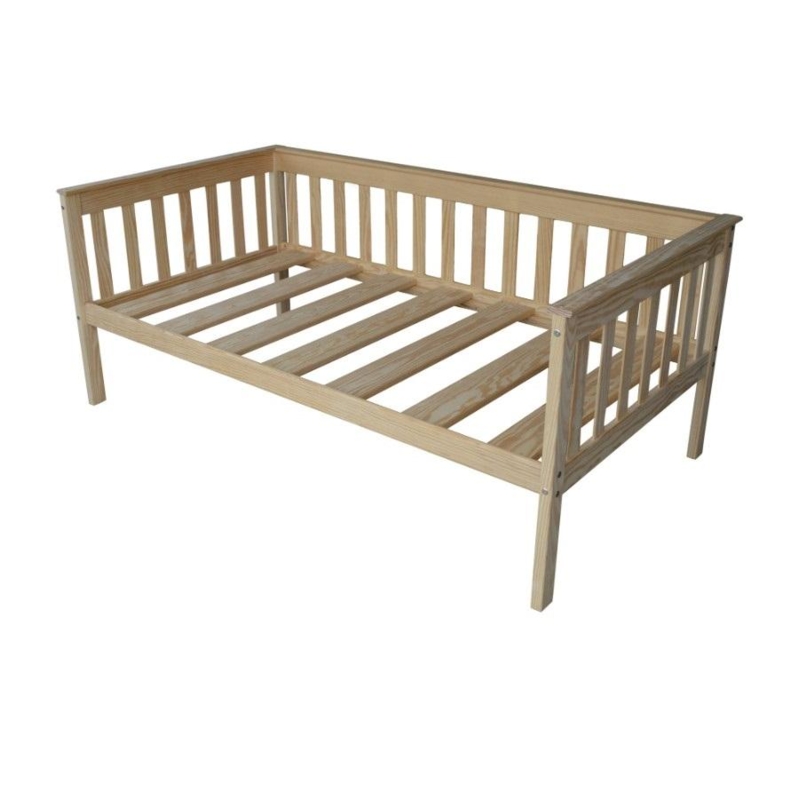 Daybed Unfinished Natural Wood Mission Slats Three Sided Rail