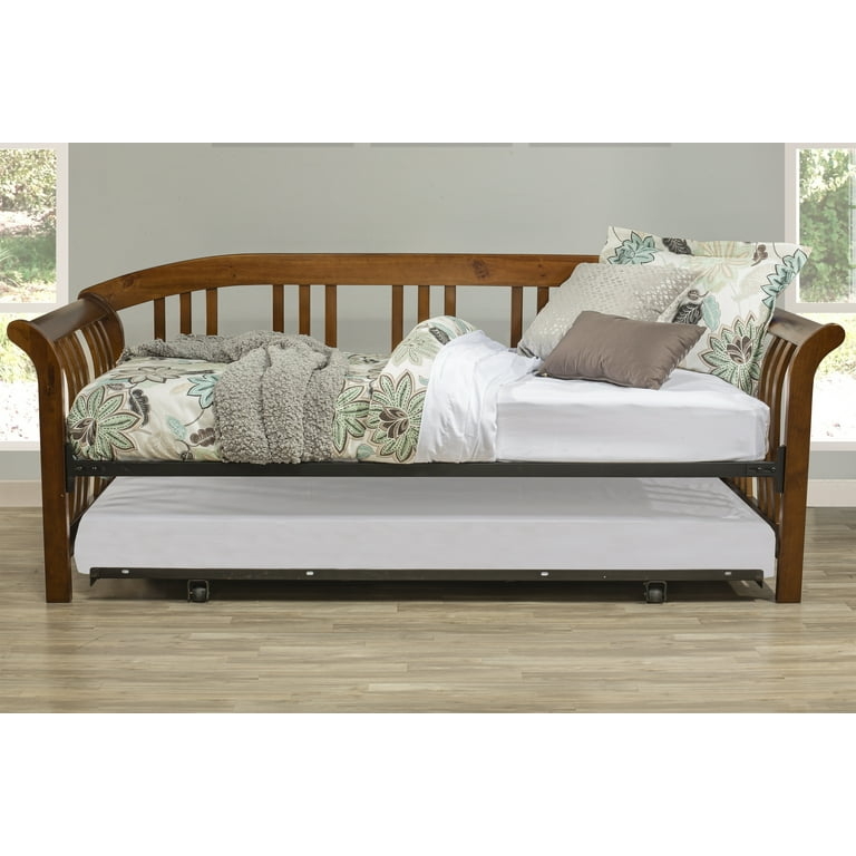 Daybed Walnut Mission Style Scrolled Arms Pull Out Trundle