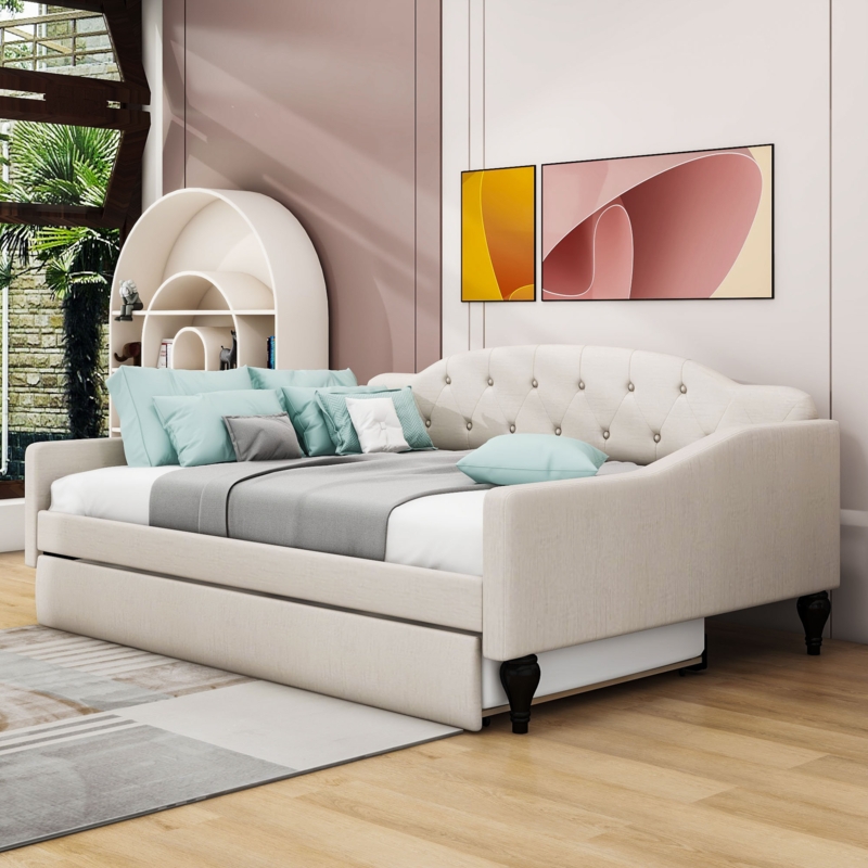 Daybed Warm Cream Upholstered with Button Tufting and Arched Back