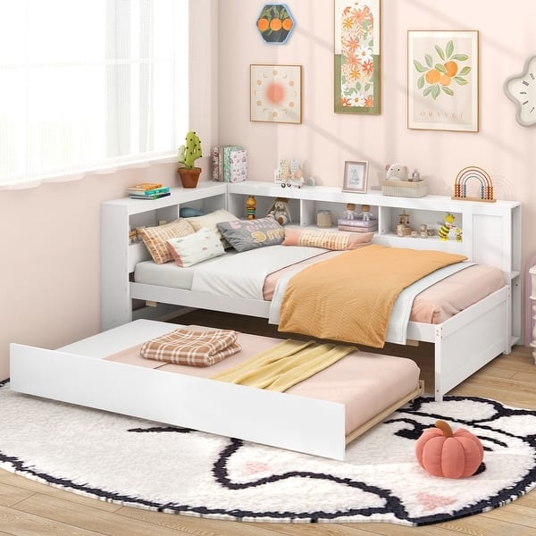 Daybed with Bedside Shelves, L-Shaped Storage, Trundle & Cubbies