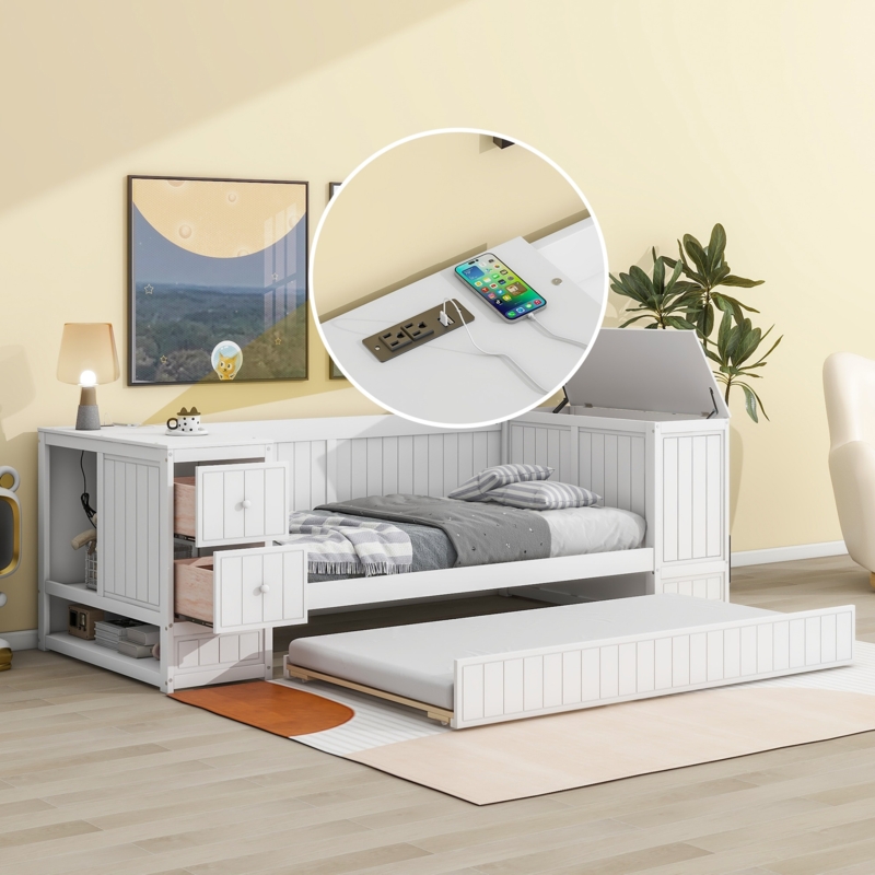 Daybed with Dual Storage Arms, White, Charging & Slatted Panels