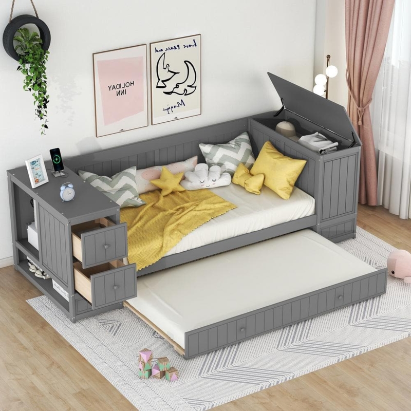 Daybed with Flip-Top Storage, Gray, Charging Station & Beadboard