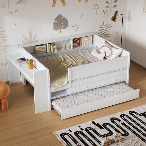 Daybed with Guardrail, Storage Headboard, Side Table & Trundle