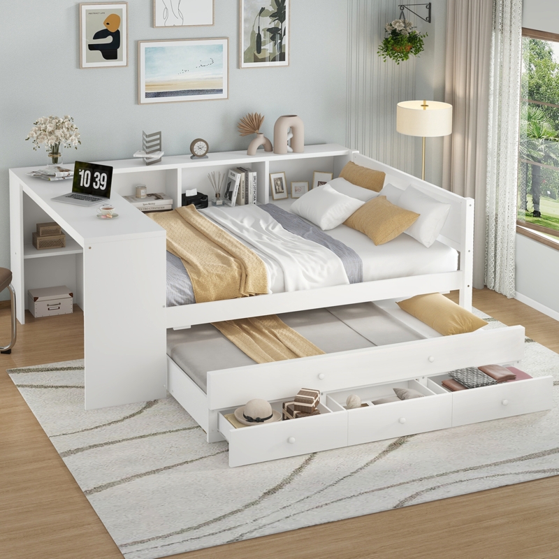 Daybed with Integrated Desk Side, White, & Triple Drawer Trundle