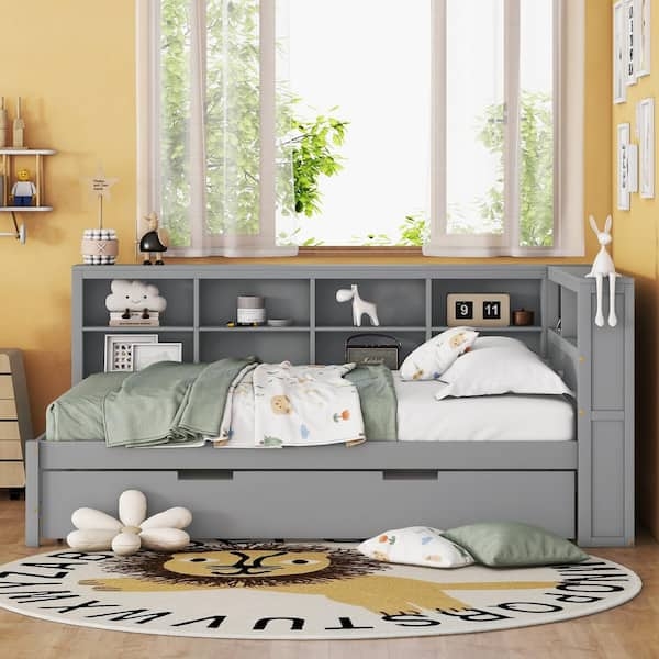 Daybed with L-Shaped Corner Storage Shelving and Trundle