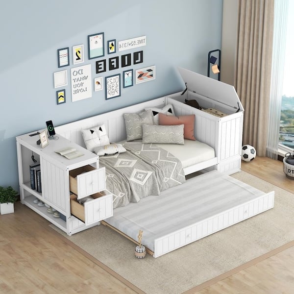 Daybed with Side Cabinet, White, Beadboard & Charging Station