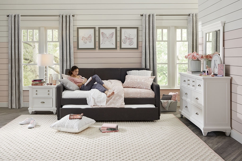 Daybed With Trundle Charcoal Upholstery Pink Shiplap Accent Modern