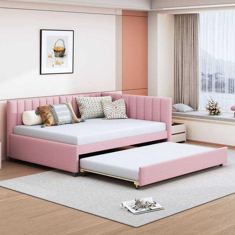 Daybed With Trundle Dusty Pink Upholstery and Channel Tufting