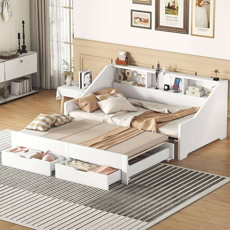 Daybed with Twin to King Expansion, White, Bookcase & Sloped Sides