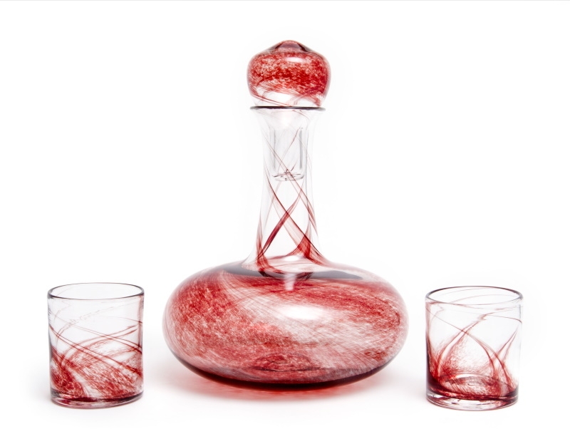 Decanter Set, Hand-Blown Glass with Ruby Red Swirls