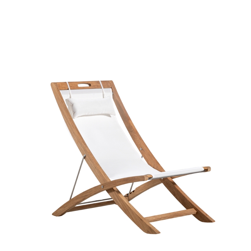 Deck Chair Teak Wood Curved Legs White Sling Adjustable Backrest