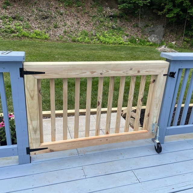 Deck Gate Spring Loaded Caster Wheel Black Strap Hinges Natural Wood