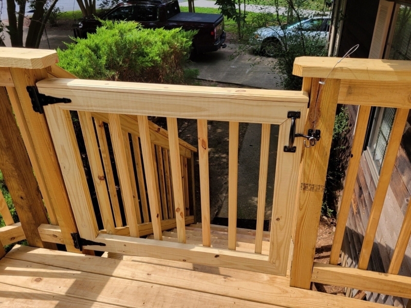 Deck Gate with Cable Latch Vertical Balusters Rustic Farmhouse Wood