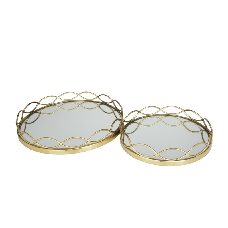 Decor Tray, Set of Two, Gold Interlocking Loops, Mirrored Glass, Round