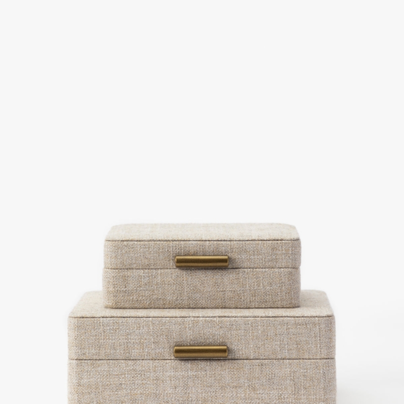 Decorative Boxes with Brass Pulls & Coarse Weave Fabric