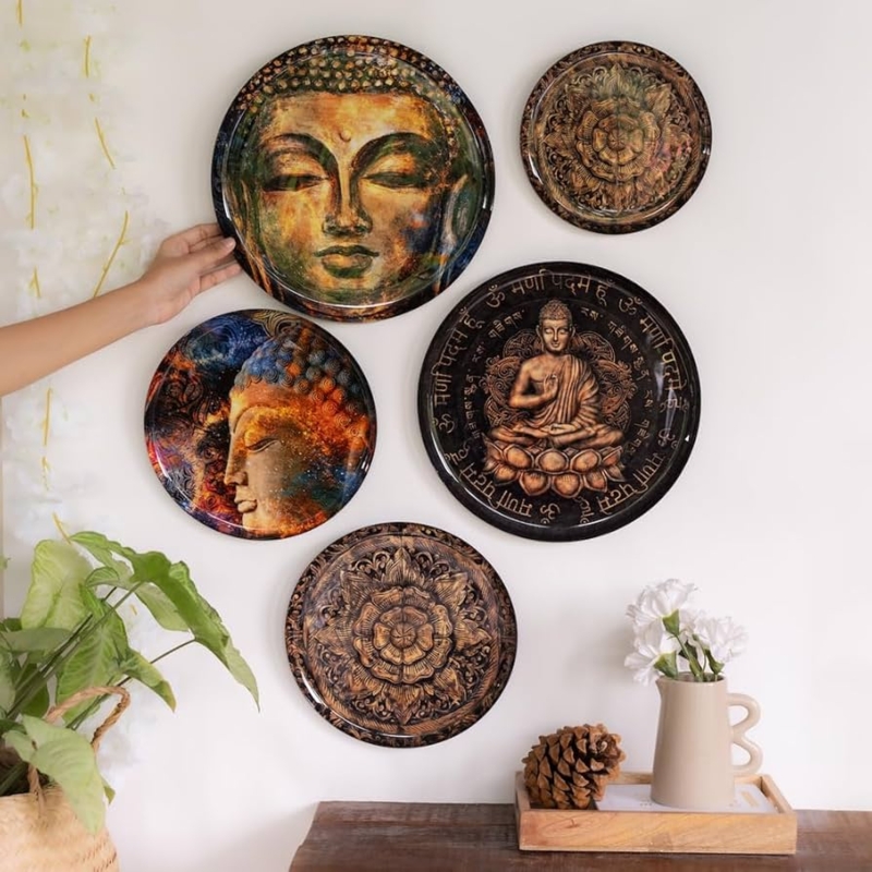 Decorative Wall Plates with Buddha Relief Work and High Gloss Finish Set