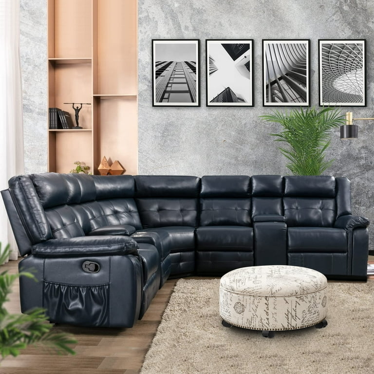 Deep Blue Reclining Sectional Leather-Like Storage & Cup Holders