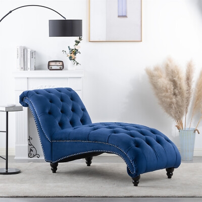 Deep Tufted Chaise Lounge with Nailhead Trim, Navy Blue