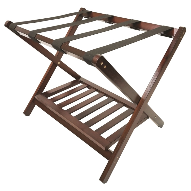 Deluxe Walnut Luggage Rack with Slatted Shoe Shelf and Black Straps