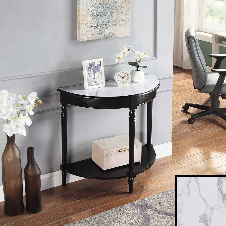 Demilune Console Table with Stone-Like Top and Black Legs