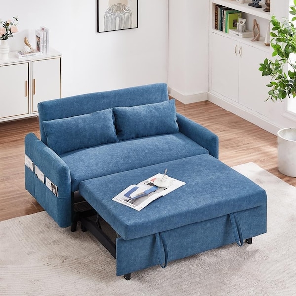 Denim Blue Microfiber Sleeper Loveseat with Side Storage Pockets
