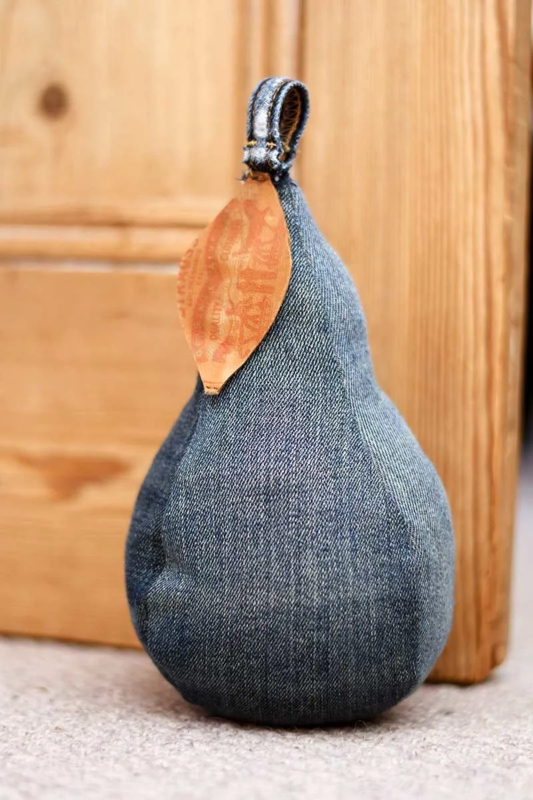 Denim Pear Doorstop Indigo Fabric Leather Leaf Detail Rustic Decor