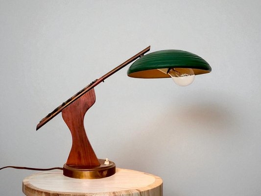 Desk Lamp Ribbed Green Saucer Shade Sculptural Wood Neck