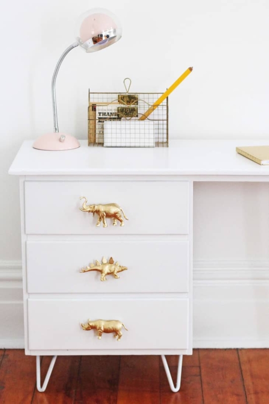 Desk With Drawers White with Gold Animal Figurine Pulls