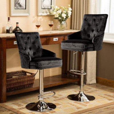 Diamond Quilted Sides Stool, Nailhead Trim & Chrome Pedestal.