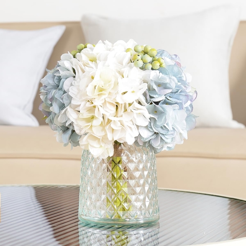 Diamond Textured Glass Centerpiece with Hydrangeas and Berry Accents