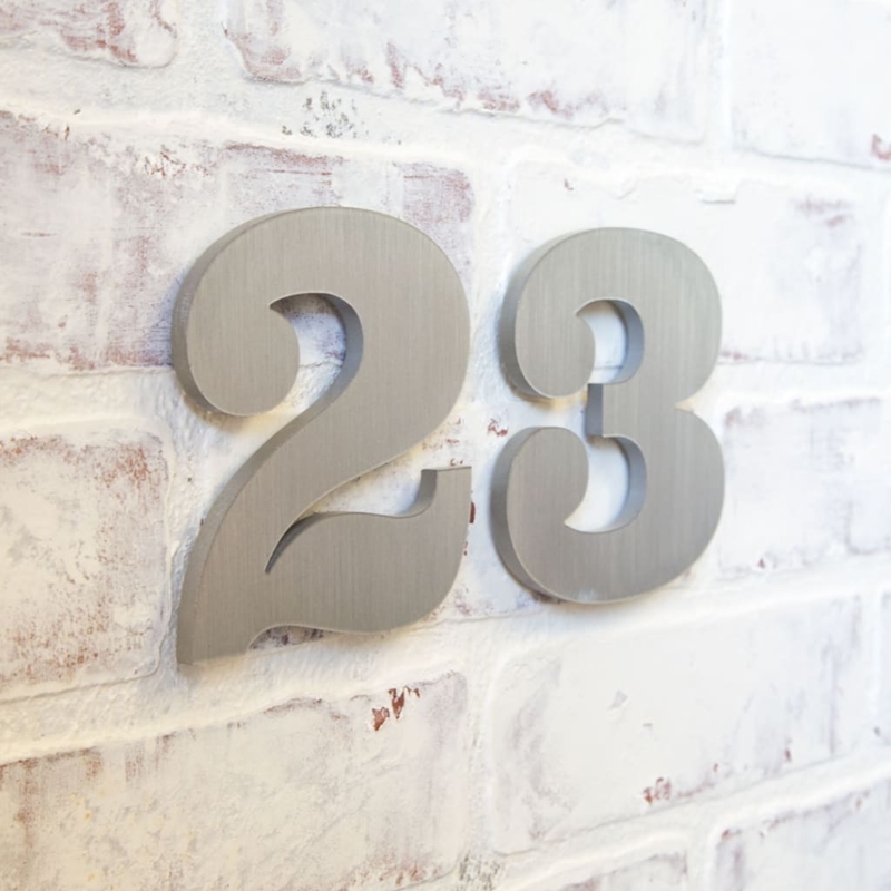 Dimensional House Numbering Brushed Metal Silver Modern Brick