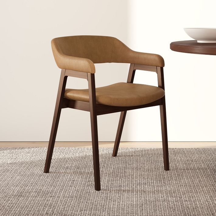 Dining Arm Chair Tan Curved Backrest Mid-Century Walnut Finish