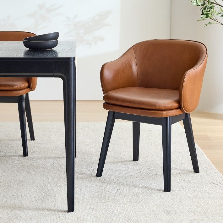 Dining Armchair Cognac Vegan Leather Curved Back Dining Seat