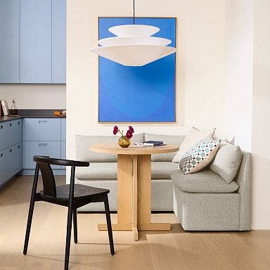 Dining Banquette Warm Grey Corner Seating Tiered Pendant Lighting