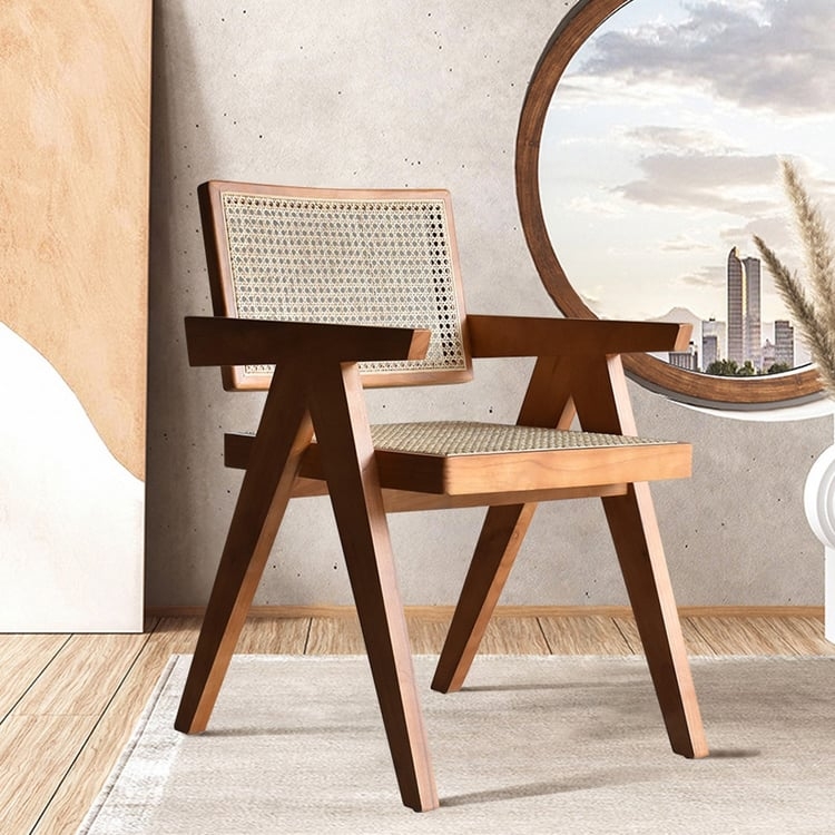 Dining Chair A-Frame Walnut Wood with Rattan Cane Armrests