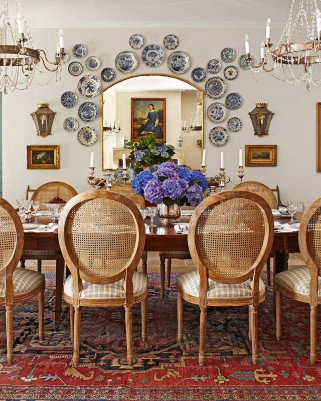 Dining Chair: Cane Back Dining Chairs and Blue and White Plate Wall