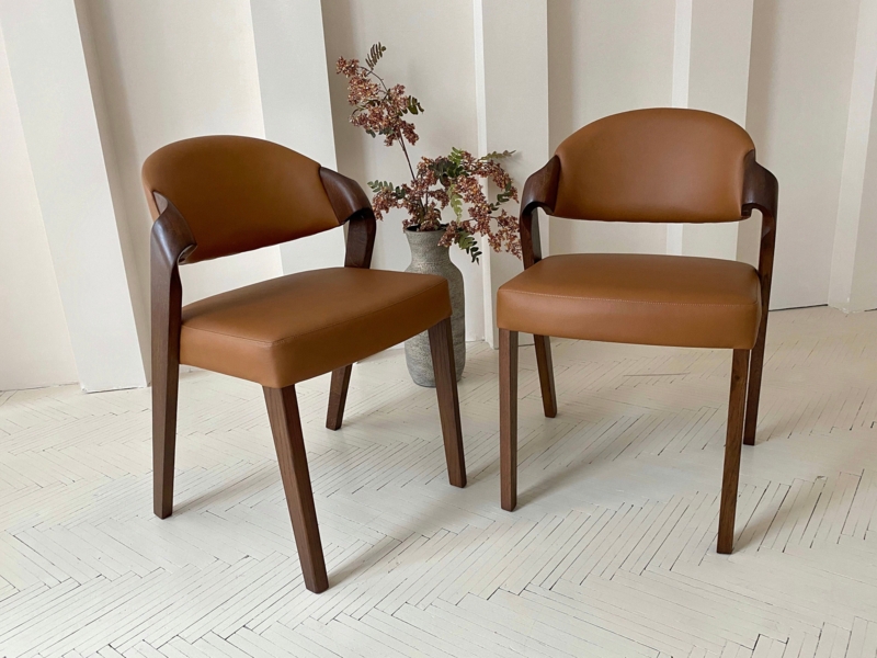 Dining Chair Cognac Sculpted Arms Mid Century Walnut Seating