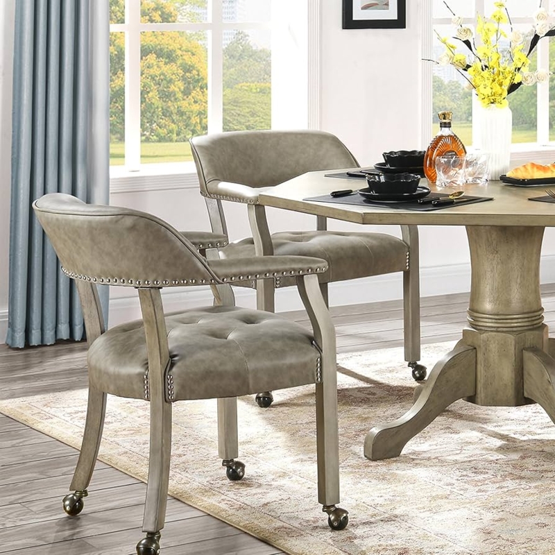 Dining Chair Grey Ball Casters Tufted Seat Nailhead Game Table