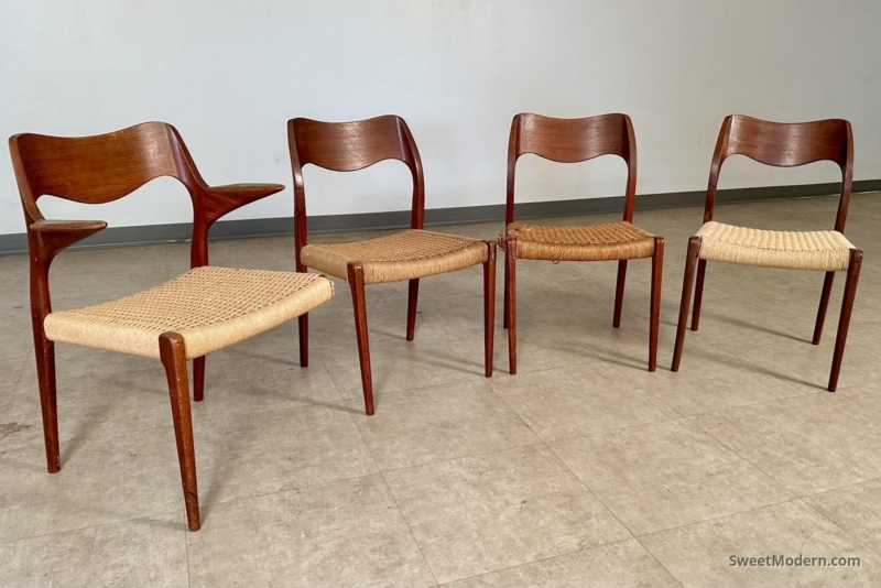 Dining Chair Organic Armrests Woven Cord Seat Tapered Legs Set of Four