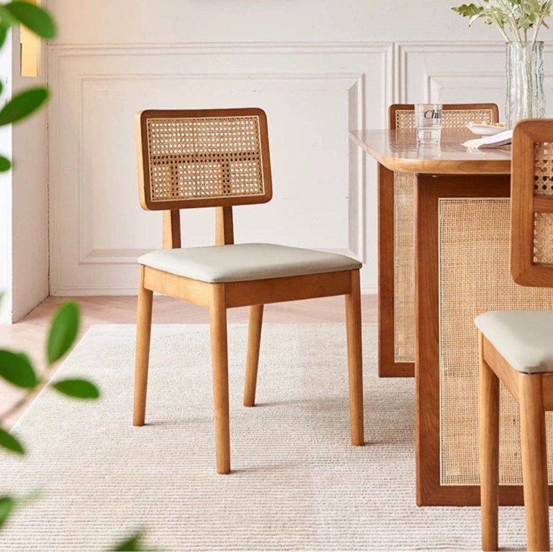 Dining Chair Rectangular Frame Woven Cane Back and Honey Oak Finish