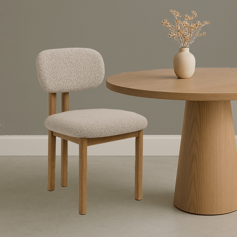 Dining Chair Sand Bouclé Fabric with Curved Back and Oak Look Frame