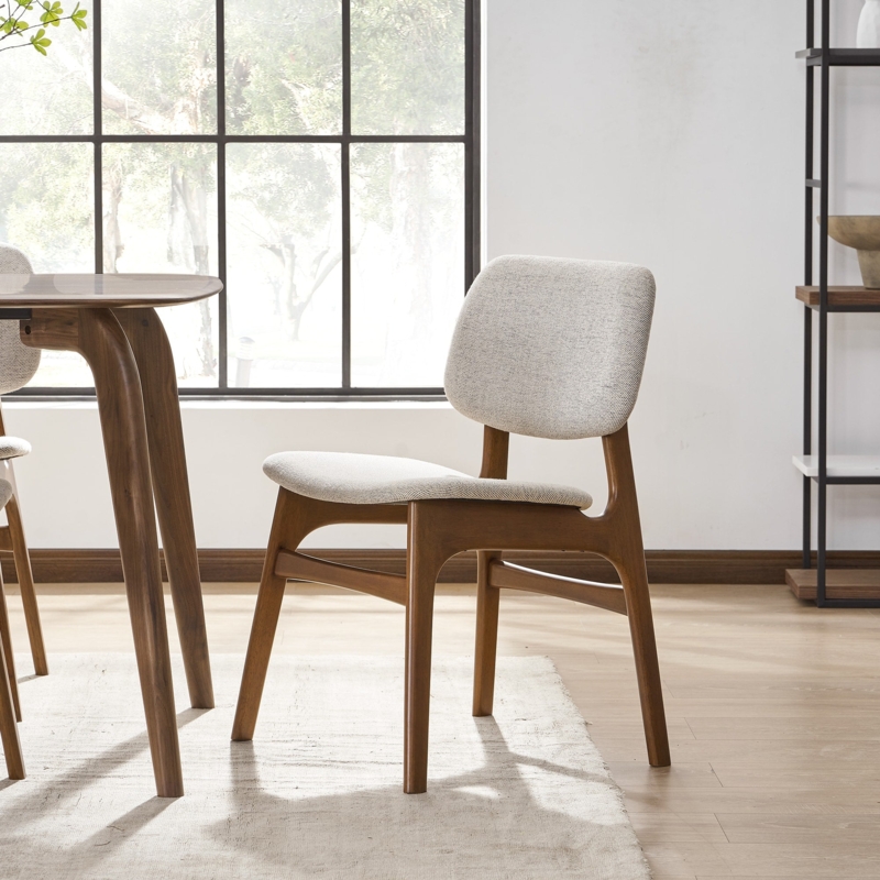 Dining Chair Sculpted Walnut Frame with Warm Grey Fabric Seat