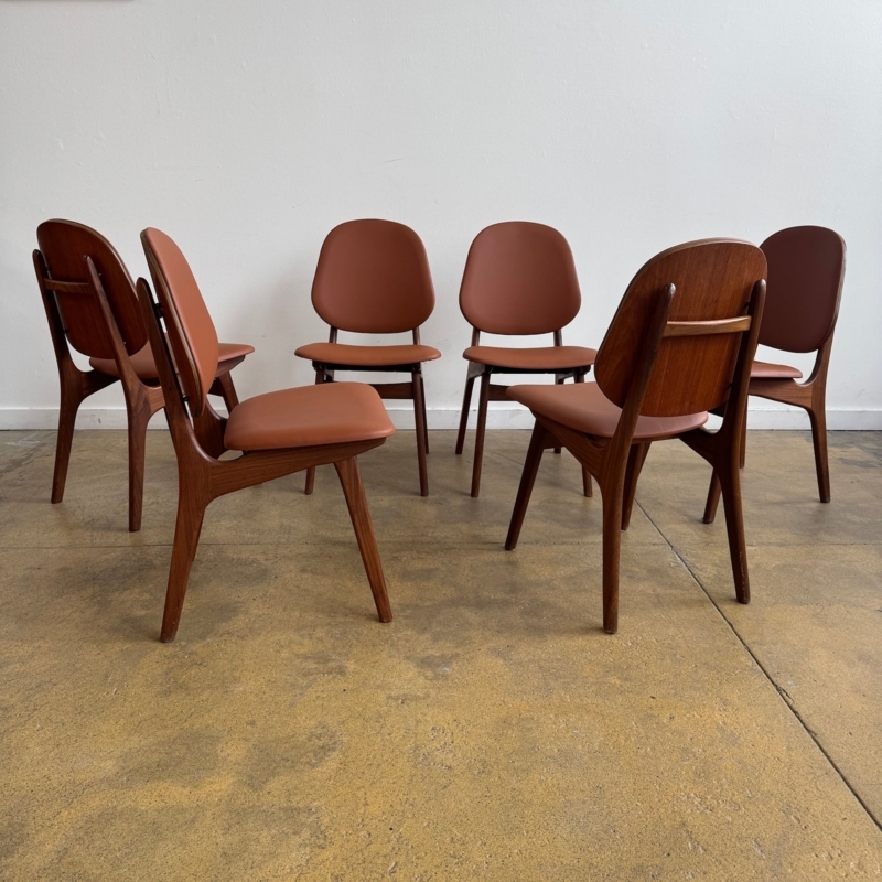 Dining Chair Set of Six Cognac Brown Leatherlike Sculptural Frame Teak