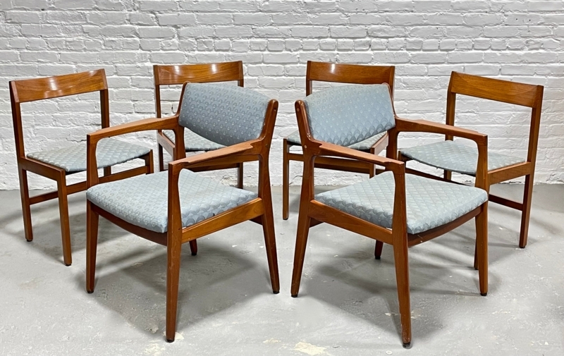 Dining Chair Set Set of Six Scalloped Upholstery Dusty Blue Teak Toned