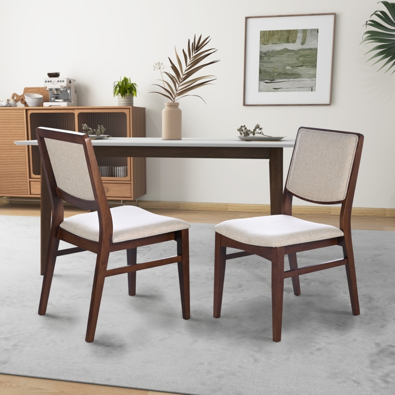 Dining Chair Walnut Brown Frame with Beige Linen and H-Stretcher Base