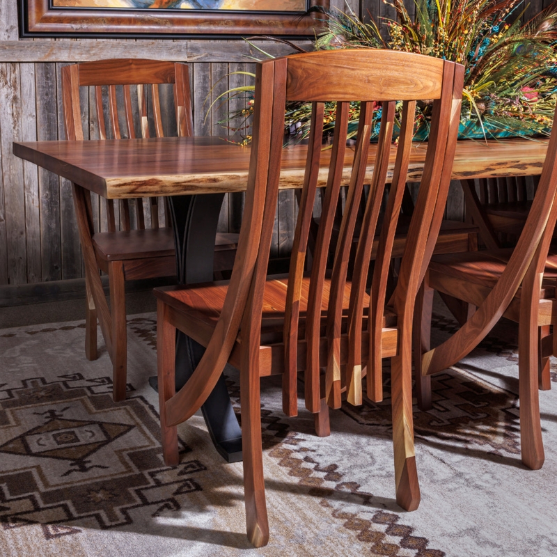 Dining Chair Walnut Wood Sweeping Curved Legs Rustic Slat Back