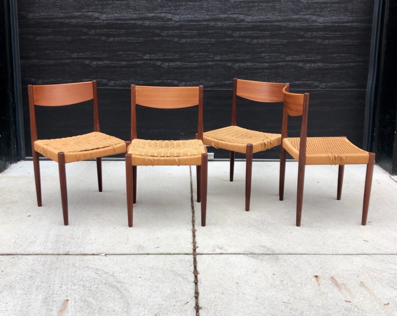 Dining Chair Woven Cord Seat Tapered Round Legs Armless Design Teak