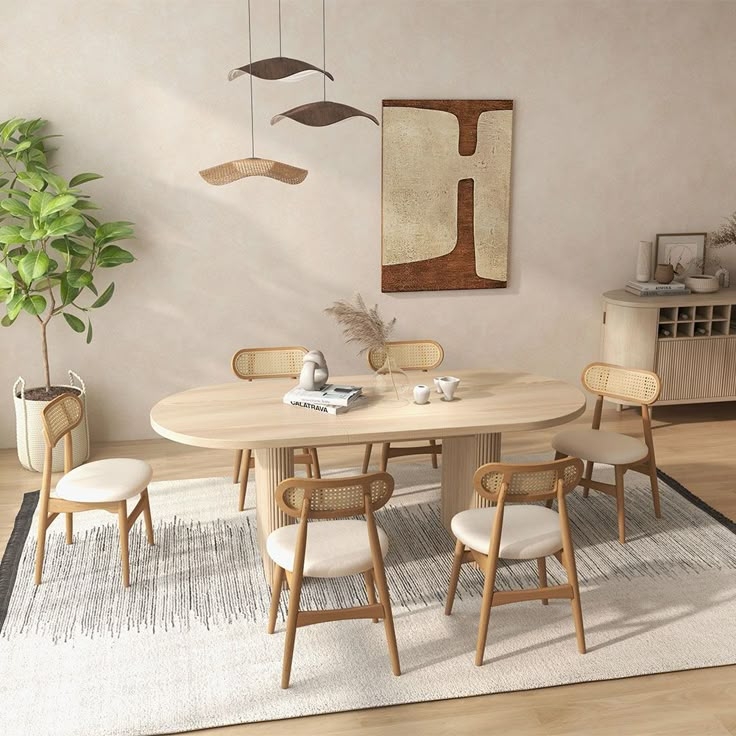Dining Chair Woven Rattan Back with Cream Faux Leather Seat