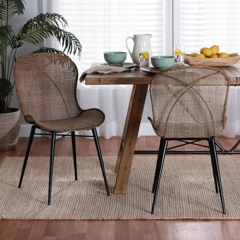 Dining Chairs Greywashed Rattan Bucket Seat with Black Metal Legs